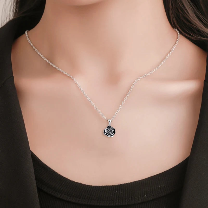 Black Rose Pendant Necklace - Memorial Charm for Ashes