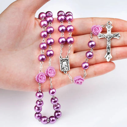Elegant Purple Glass Bead Rosary Necklace with Crucifix Pendant