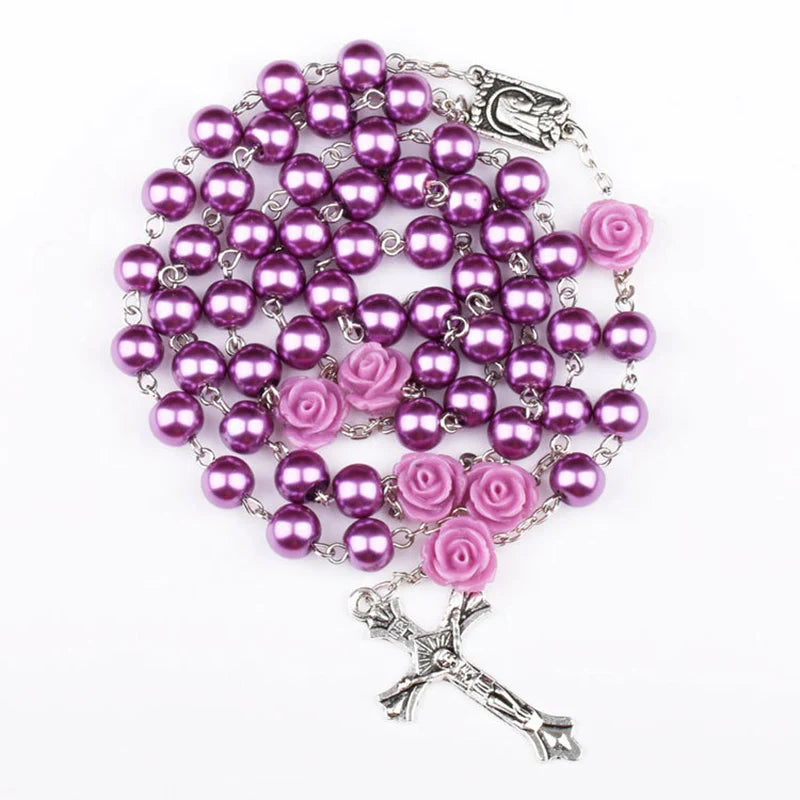 Elegant Purple Glass Bead Rosary Necklace with Crucifix Pendant