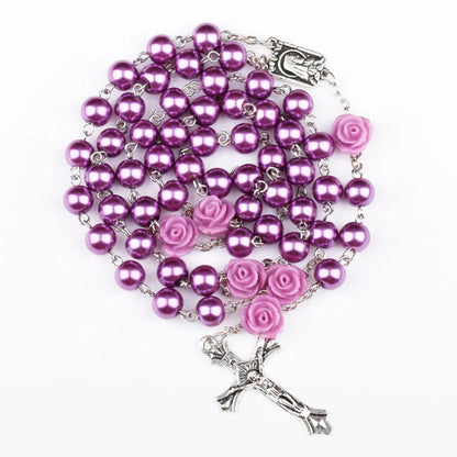 Elegant Purple Glass Bead Rosary Necklace with Crucifix Pendant