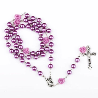 Elegant Purple Glass Bead Rosary Necklace with Crucifix Pendant