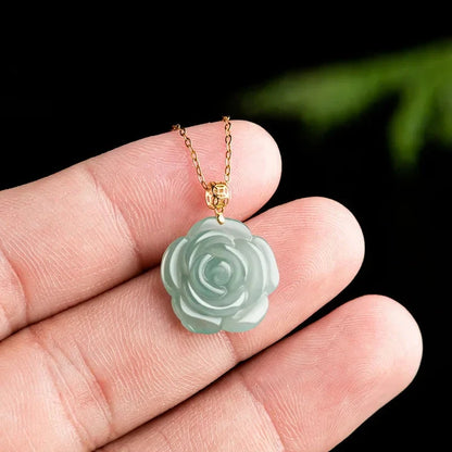 18K Gold Blue Rose Pendant – Ice Jade Necklace for Women