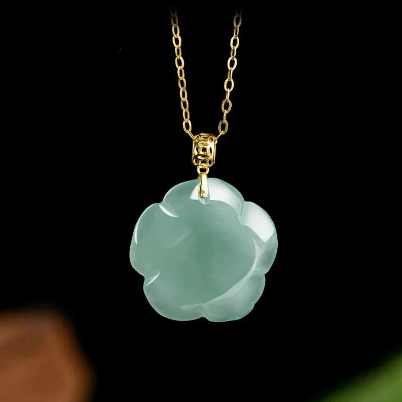 18K Gold Blue Rose Pendant – Ice Jade Necklace for Women