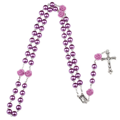 Elegant Purple Glass Bead Rosary Necklace with Crucifix Pendant