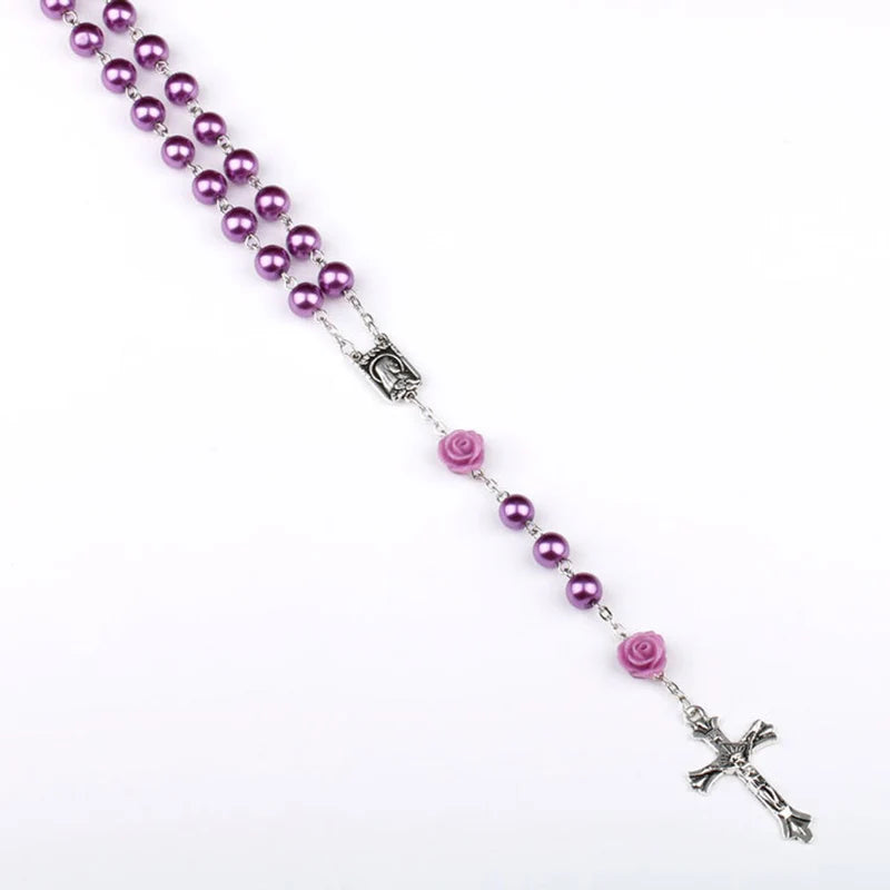 Elegant Purple Glass Bead Rosary Necklace with Crucifix Pendant