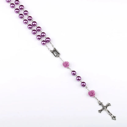 Elegant Purple Glass Bead Rosary Necklace with Crucifix Pendant